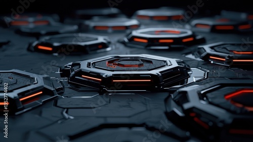 Wallpaper Mural Dark surfaces are adorned with hexagonal shapes featuring glowing orange accents, creating a striking and modern aesthetic ideal for digital design and technology themes Torontodigital.ca