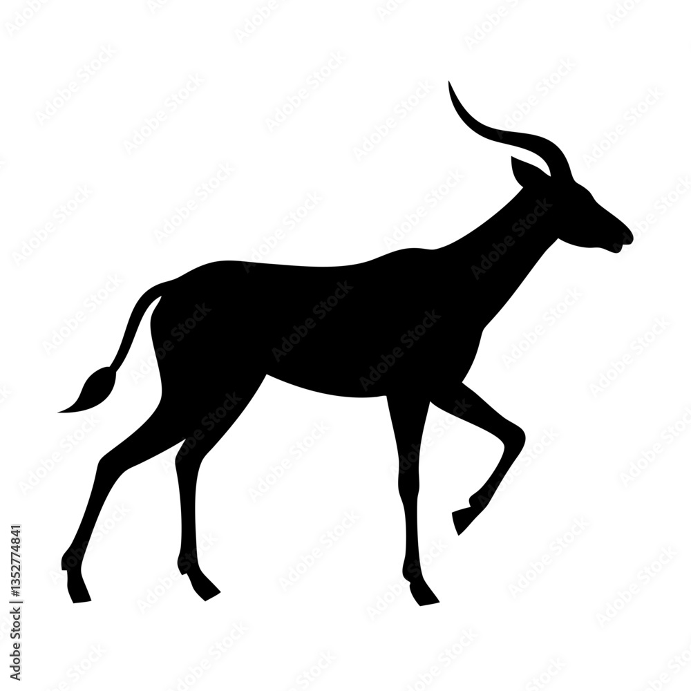 Obraz premium black silhouette of a kudu walking with spiraled horns – ideal for wildlife illustrations, eco-conscious branding, educational materials, and nature-inspired designs. 