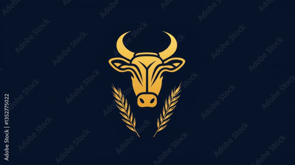 Obraz premium Bull emblem with laurel leaves on a dark background symbolizing strength and victory in agriculture and livestock