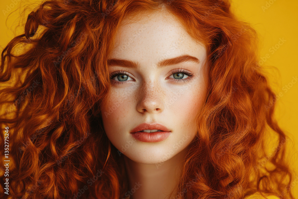 Fototapeta premium Portrait of young woman with long, red, curly hair showing confidence and beauty