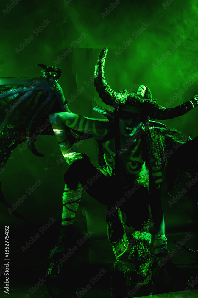 Fototapeta premium Demon Hunter Demon Cosplay on Black Background in Green Light