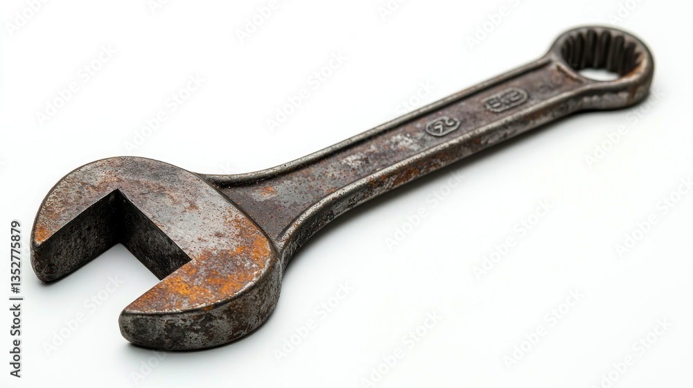 Worn, rusty metal wrench. Industrial tool lying on white surface. Close-up Worn, rusty metal wrench. Industrial tool lying on white surface. Close-up