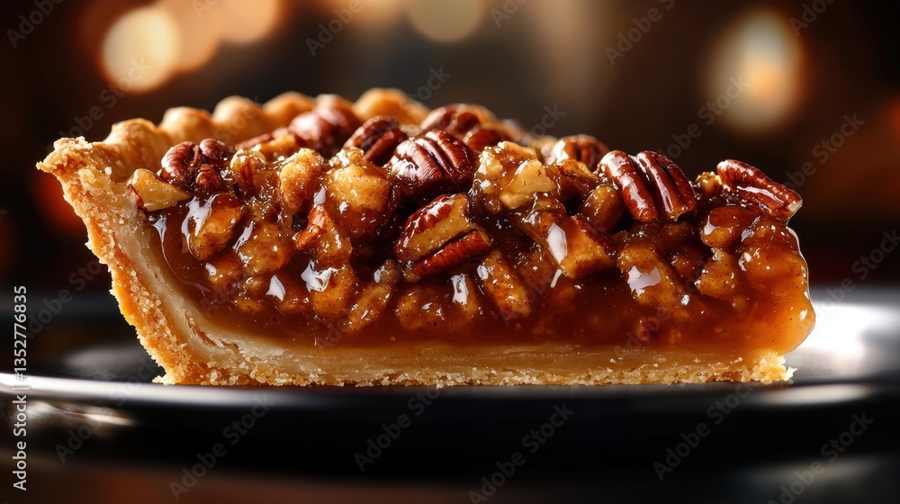 A delicious slice of pecan pie showcases a golden crust and a sweet, sticky filling topped with crunchy pecans. The dessert is displayed on a dark plate creating a warm atmosphere A delicious slice of pecan pie showcases a golden crust and a sweet, sticky filling topped with crunchy pecans. The dessert is displayed on a dark plate creating a warm atmosphere