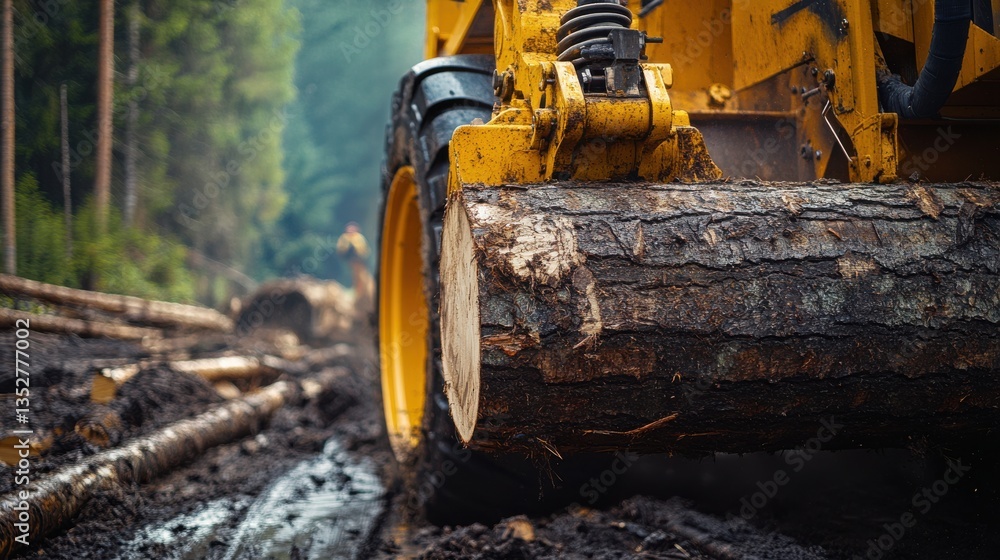 Fototapeta premium Heavy Machinery Moving Logs Through Forest Landscape with Mud