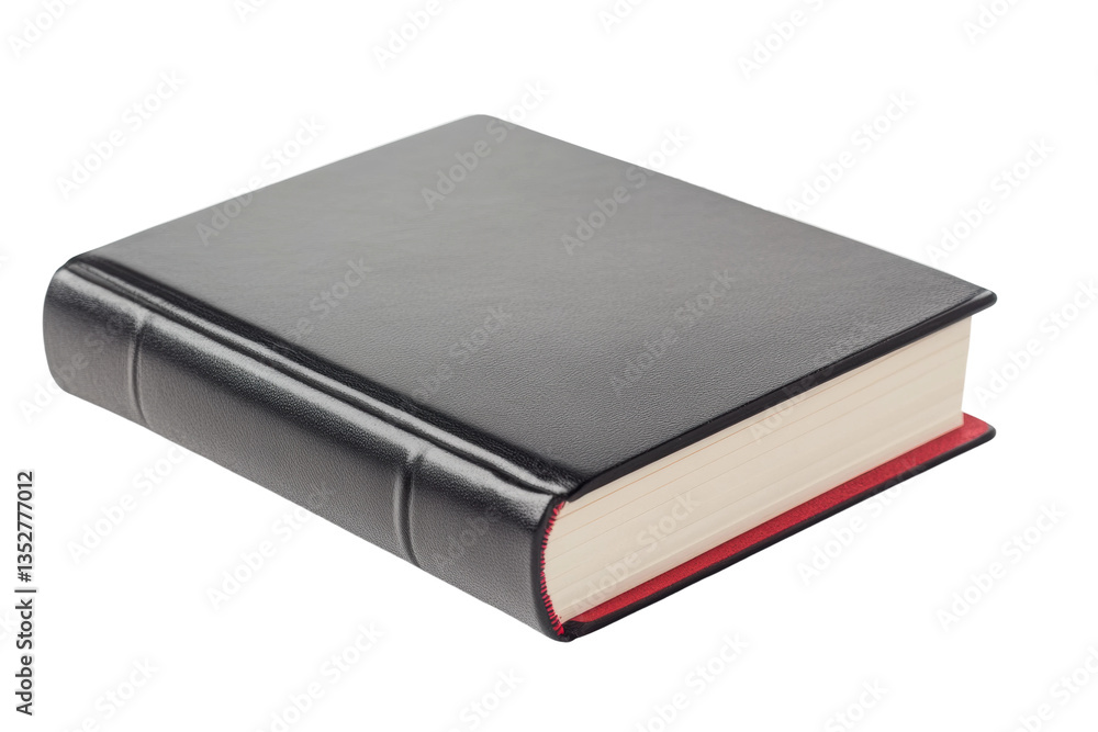 Closed black leather book with red page edges on white background, cut out Closed black leather book with red page edges on white background, cut out