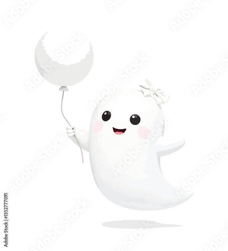 Halloween kawaii ghost character hold bunch of colorful balloons Isolated cartoon vector cute spook personage celebrating party radiating charm and innocence with its playful and endearing presence
