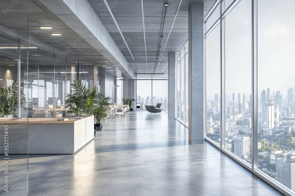 Modern open-space office interior with large windows offering a beautiful city view in 3D rendering Modern open-space office interior with large windows offering a beautiful city view in 3D rendering