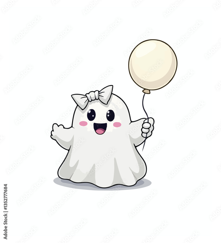 Halloween kawaii ghost character hold bunch of colorful balloons Isolated cartoon vector cute spook personage celebrating party radiating charm and innocence with its playful and endearing presence