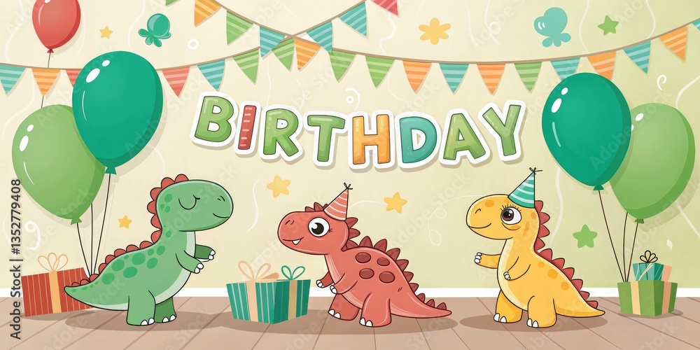Naklejka premium Happy Birthday Scene with Cartoon Dinosaur Stickers, Green Balloons, and a Fun Party Invitation.