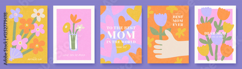 Mother's Day greeting cards collection. Set of templates with cute hand-drawn floral arrangements and other design elements. Trendy modern flat style. Vector illustration