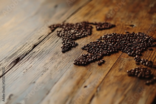World map made from coffee beans on rustic wood. Ideal for travel and coffee lovers, global cafés, or unique branding visuals.


