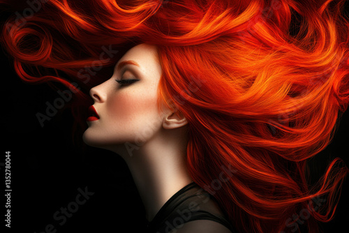 Fashion model showing long, vibrant, flowing red hair on black background