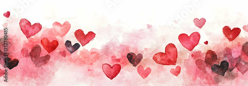 Valentine's Day watercolor abstract hearts background banner, delightful boho illustration, artistic doodle. Panoramic web header with copy space. Wide screen wallpaper