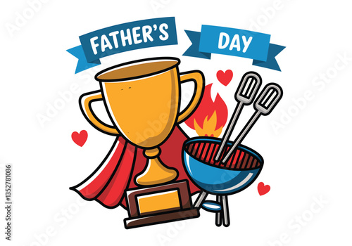 Father's Day BBQ vector set with trophy, grill, cooking tools, apron, and celebration banner