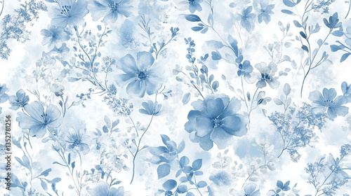 Fototapeta Naklejka Na Ścianę i Meble -  A seamless pattern of light blue flowers and leaves on a white background in a watercolor style