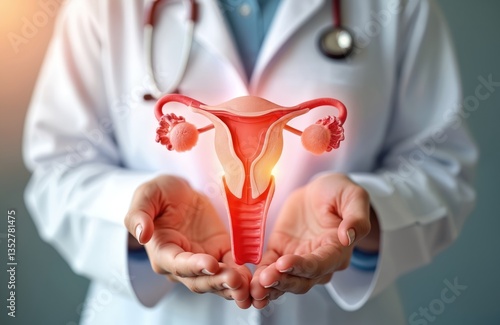 Doctor in white coat holds virtual uterus reproductive system model. Concept of women health, ovary, gynecologic, fertility. Healthcare worker promotes awareness of female anatomy, gynecology.