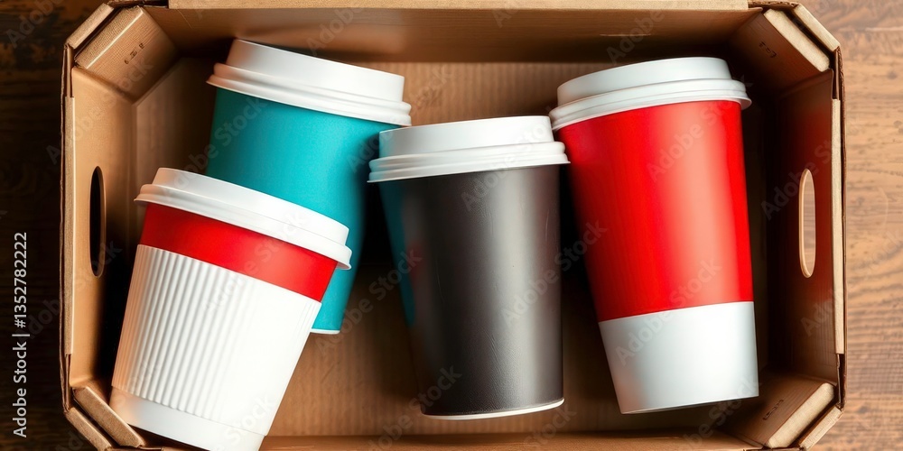 Three disposable coffee cups in a recyclable cardboard tray, coffee cups, takeaway Three disposable coffee cups in a recyclable cardboard tray, coffee cups, takeaway