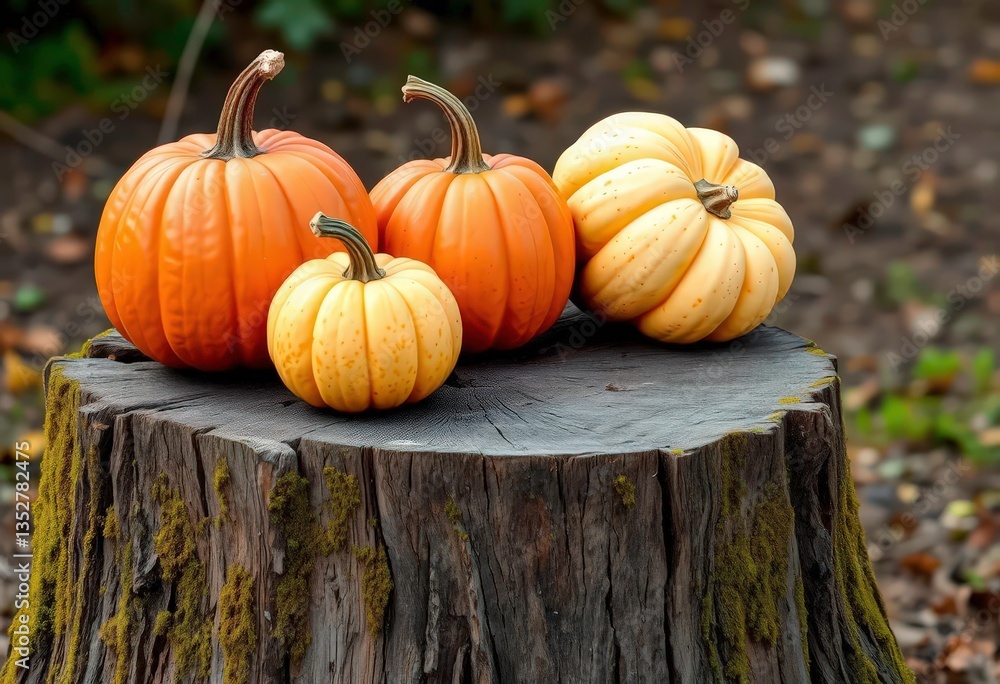 Three pumpkins of varying sizes sit atop a weathered, moss-covered stump, background, october Three pumpkins of varying sizes sit atop a weathered, moss-covered stump, background, october