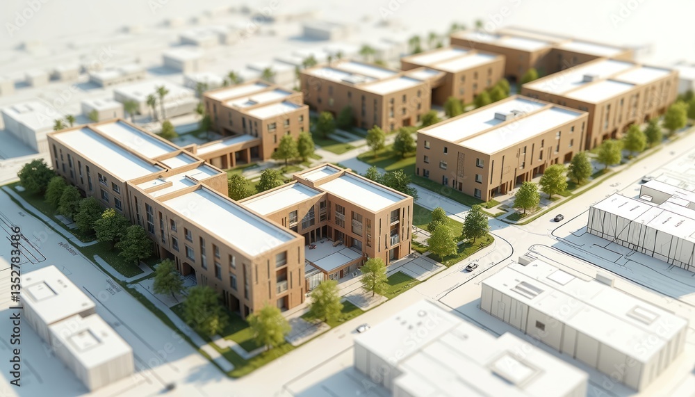 Fototapeta premium Architectural blueprint mixed use housing commercial project designed for global city. Modern real estate development, residential buildings design with commercial property, infrastructure plan,