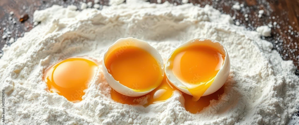 Two fresh eggs cracked onto flour, vibrant yolks, rustic setting, background, macro Two fresh eggs cracked onto flour, vibrant yolks, rustic setting, background, macro