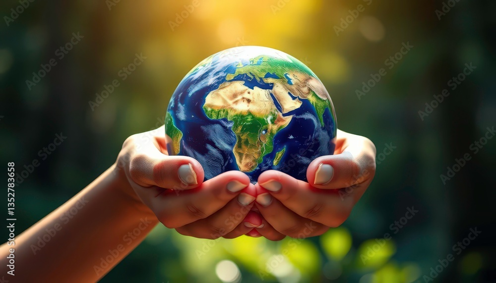Two hands gently cradling a stylized globe, depicting environmental sustainability, environment, illustration Two hands gently cradling a stylized globe, depicting environmental sustainability, environment, illustration