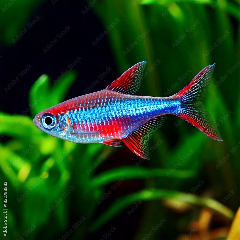neon tetra with an iridescent blue and red stripe Paracheirodon innesi fish in the aquarium with plants