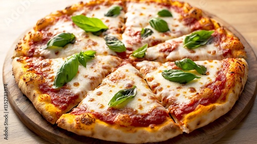 Delicious Neapolitan pizza crispy crust fresh basil and melted cheese served on a wooden board