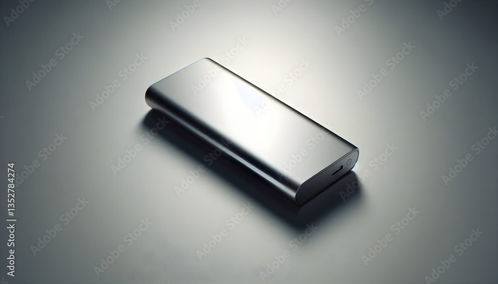 Slim and portable power bank with metallic finish, isolated on gray background. Minimalist and stylish tech. Slim and portable power bank with metallic finish, isolated on gray background. Minimalist and stylish tech.