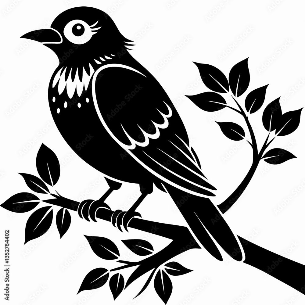 Black silhouette of a bird sitting on a branch with leaves Black silhouette of a bird sitting on a branch with leaves