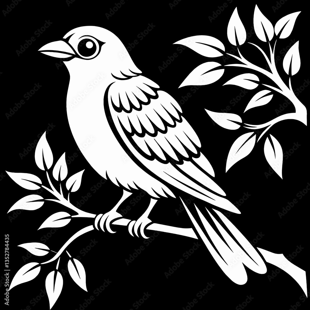 Bird perched on a branch with leaves in black and white style Bird perched on a branch with leaves in black and white style