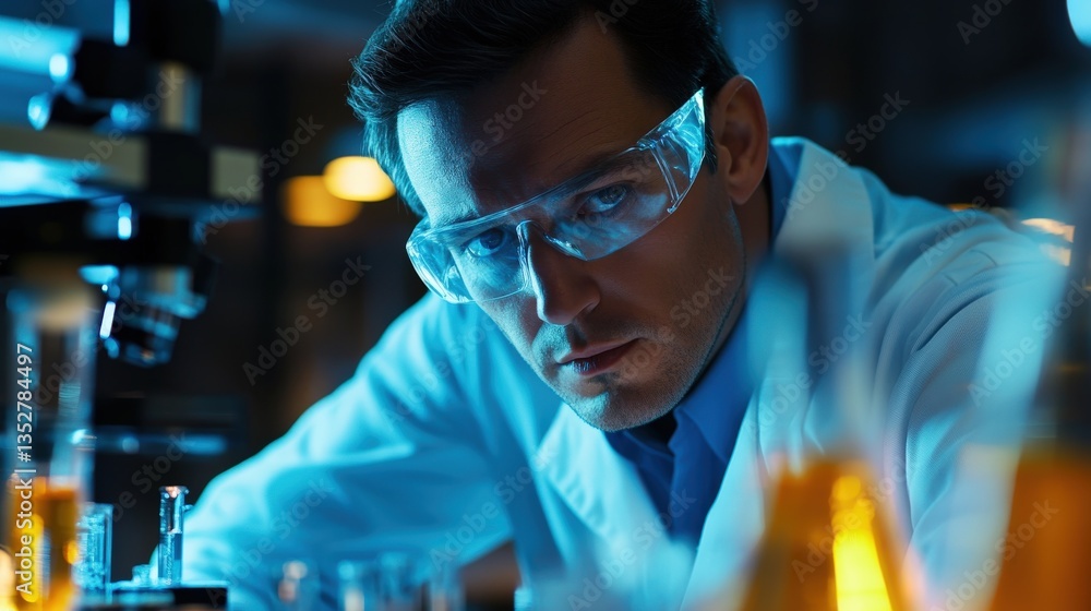 A focused scientist in a lab looking at equipment meticulously A focused scientist in a lab looking at equipment meticulously