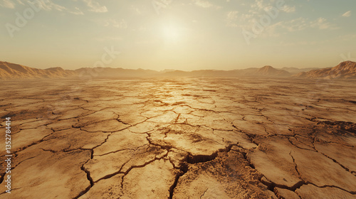 A cracked desert floor under a blazing sun, sunset in the desert, sunset over the desert, cracked earth in the desert, earth in the desert