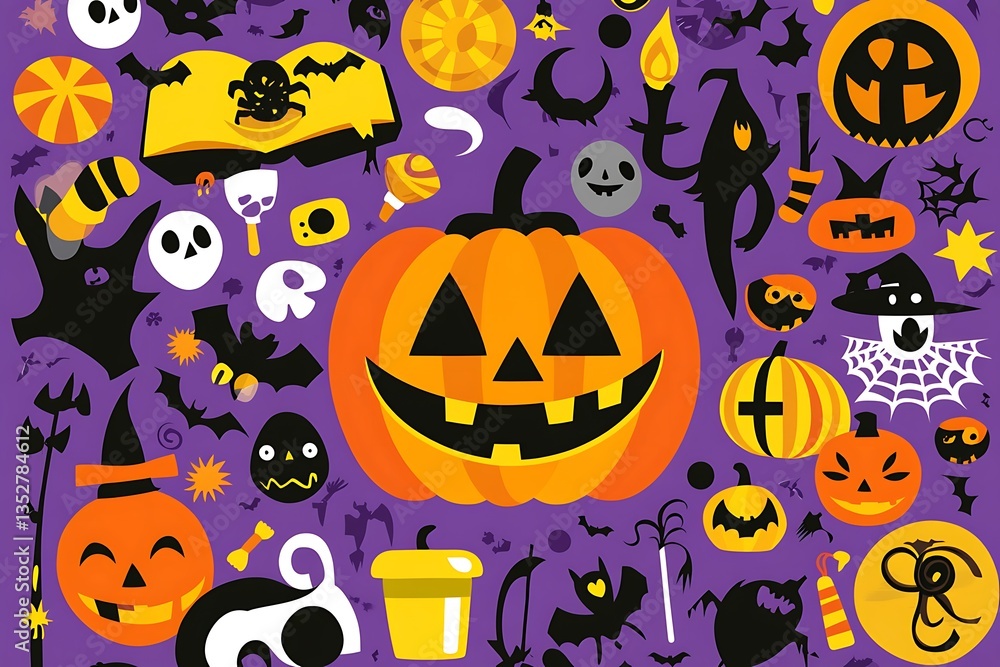 A colorful halloween themed illustration with many festive elements shown A colorful halloween themed illustration with many festive elements shown