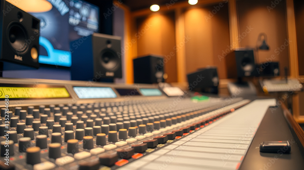 A close-up shot of a professional audio mixing console in a recording studio. The console is lit by warm light, with speakers and sound panels visible in the background. A close-up shot of a professional audio mixing console in a recording studio. The console is lit by warm light, with speakers and sound panels visible in the background.