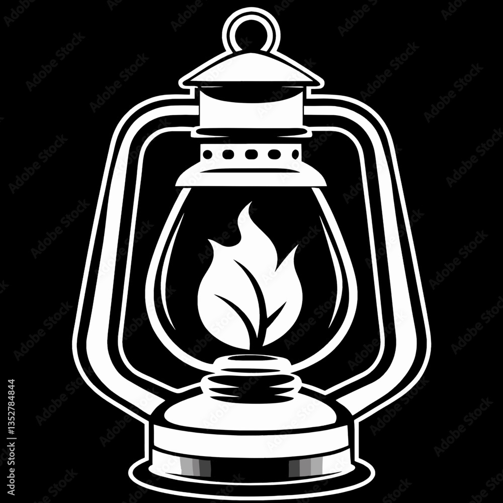 Obraz premium Vintage lantern with flame illustration on a black background 