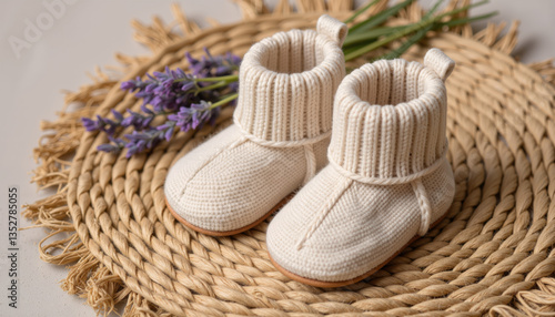 Eco-friendly kids clothing knitted baby booties with soft texture on a rattan mat and lavender