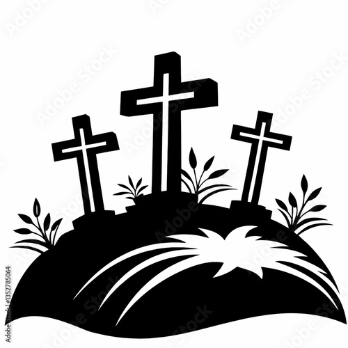 Wooden Crosses on a Hill with Plants in a Minimalist Style  