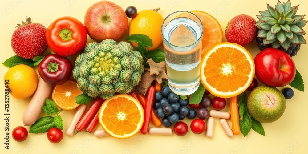 Vibrant flat lay of assorted vitamins, juicy fruit, and a glass of water, energy, supplements Vibrant flat lay of assorted vitamins, juicy fruit, and a glass of water, energy, supplements