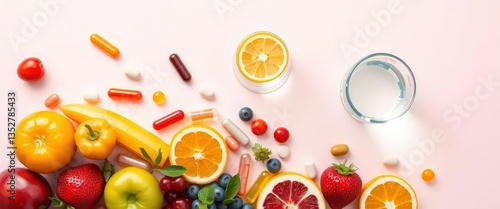 Vibrant flatlay of assorted vitamins, juicy fruits, and a glass of water on a bright background, berries, healthy lifestyle
