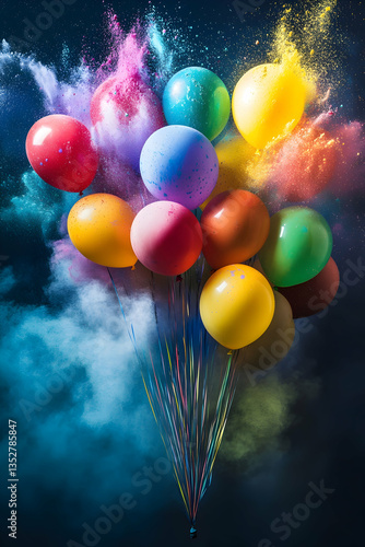 Vibrant image of balloons bursting with colorful powder, creating a dynamic explosion of colors that exudes joy, celebration, and the essence of childhood fun and spontaneity