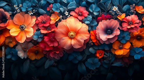 Wallpaper Mural Colorful Flower Arrangement with Orange, Pink, and Red Blooms on Deep Blue

 Torontodigital.ca