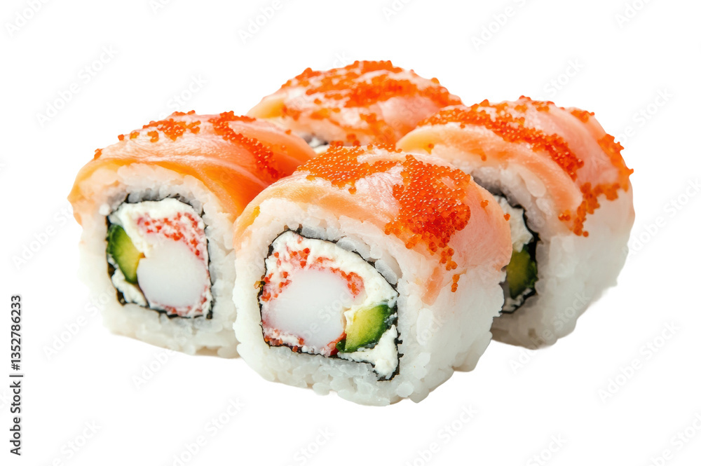 Delicious salmon and avocado sushi rolls with red caviar topping, cut out Delicious salmon and avocado sushi rolls with red caviar topping, cut out