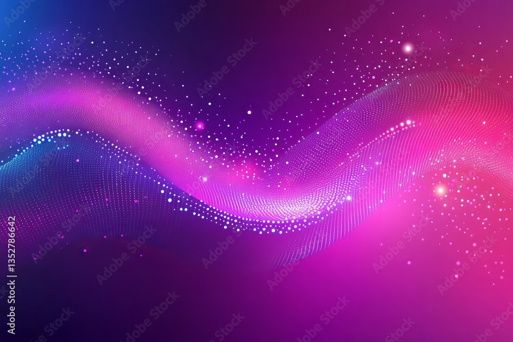 Obraz premium A pink and purple gradient background with wave elements and sparkling dots, creating an atmosphere of mystery and romance for Valentine's Day. The background features an elegant, curved shape in the 