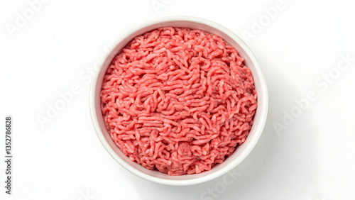 Fresh Ground Meat in White Bowl on White Background