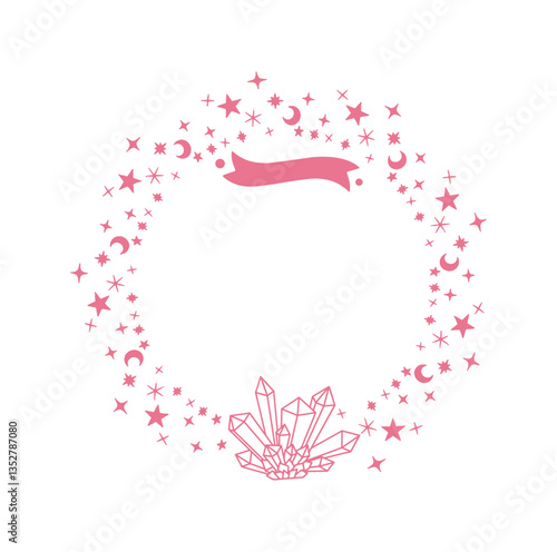 Celestial Gemstone Wreath: An enchanting wreath of celestial elements, including stars and moons, frames a cluster of sparkling gemstones, rendered in a delicate, ethereal style.