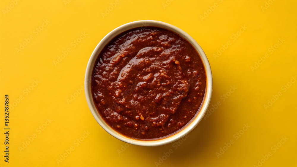 Spicy Red Sauce in a Bowl on Yellow Background – Mexican Salsa Concept Spicy Red Sauce in a Bowl on Yellow Background – Mexican Salsa Concept