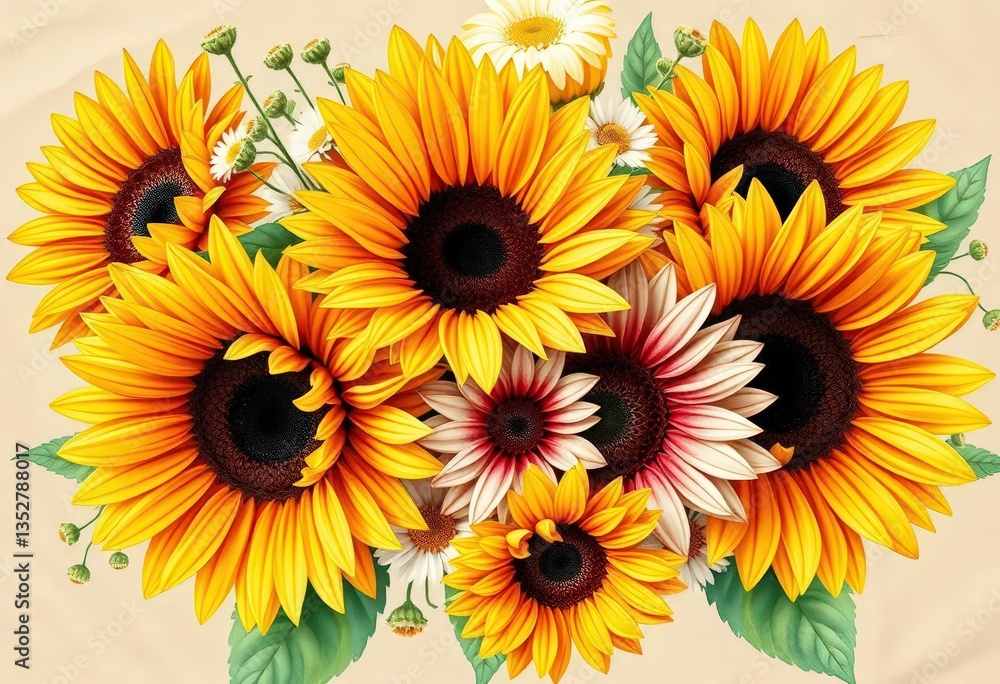 Obraz premium Vibrant watercolor sunflowers & daisies in a rustic kraft paper bouquet, orange, background