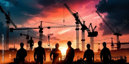 A dramatic and moody construction site at dusk, with multiple silhouettes of workers