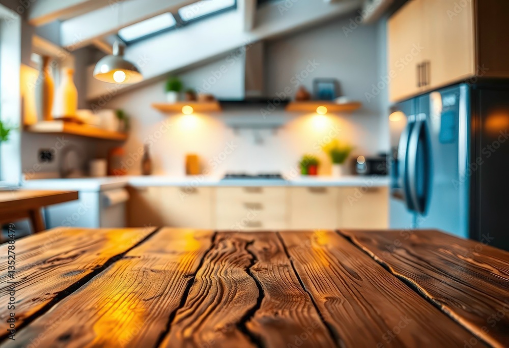 Warm light illuminates a rustic wooden tabletop, soft-focus modern kitchen blurs in the background, modern, kitchen table Warm light illuminates a rustic wooden tabletop, soft-focus modern kitchen blurs in the background, modern, kitchen table