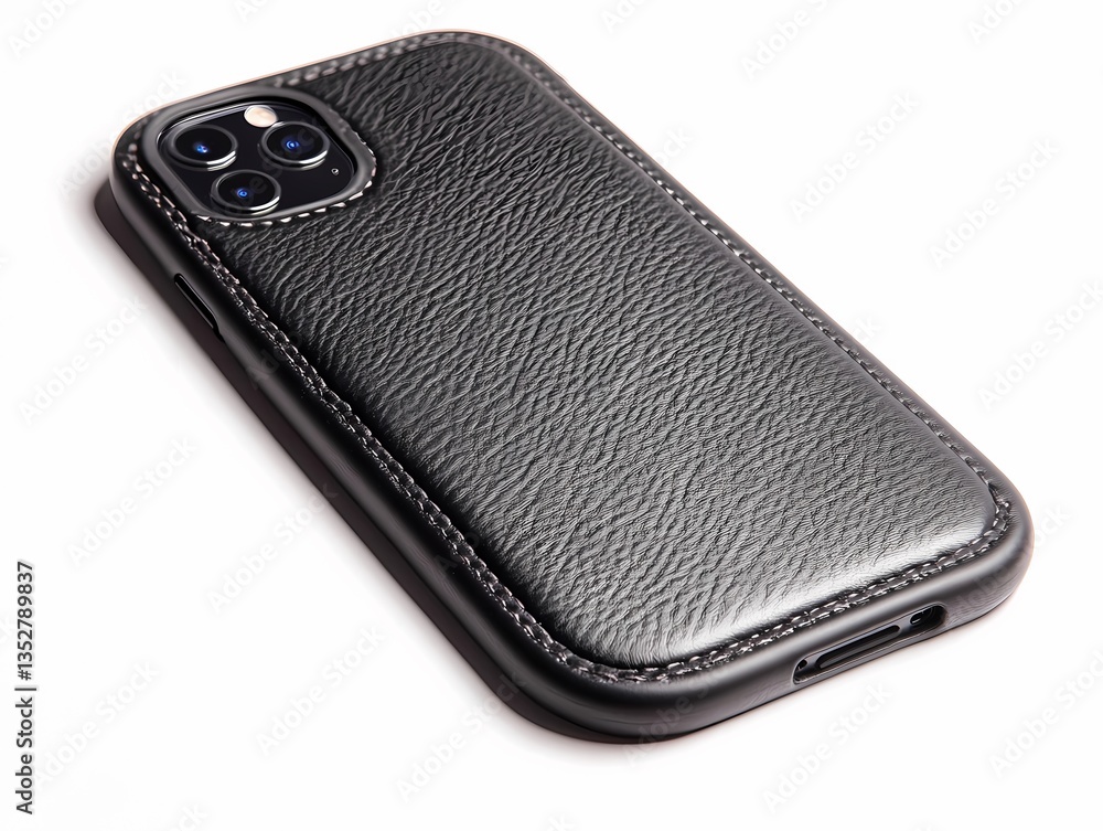 Black leather phone case with precise stitching on white background Black leather phone case with precise stitching on white background